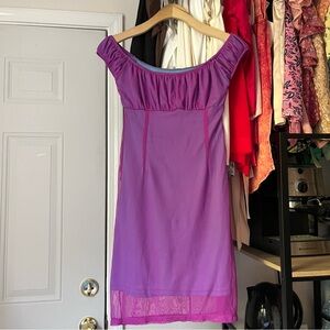 UNIF purple mesh knit short sleeve off shoulder mini dress